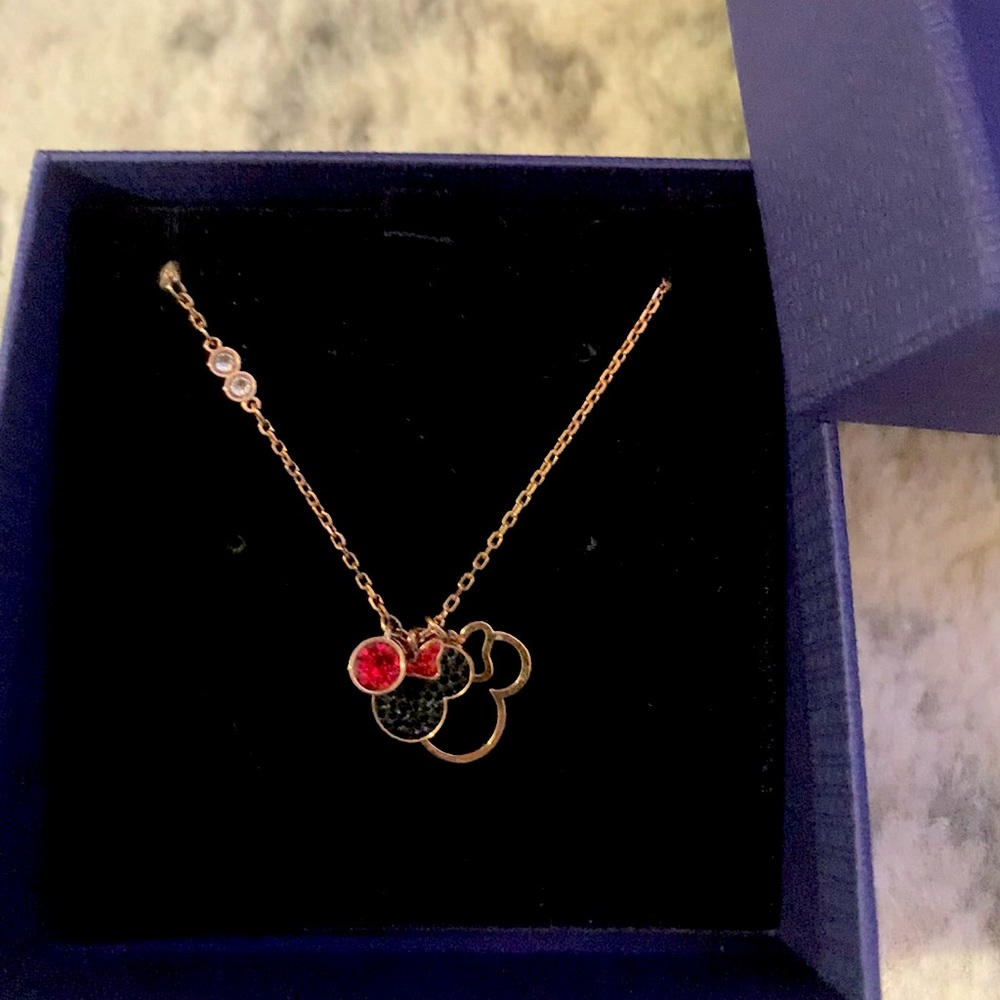 Swarovski Women`s Necklace Mickey and Minnie Rose Gold Tone Pendant